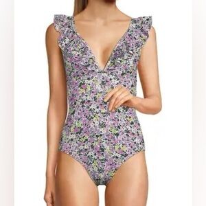 Lands End Womens Pique Ruffle Floral one piece swimsuit size 4